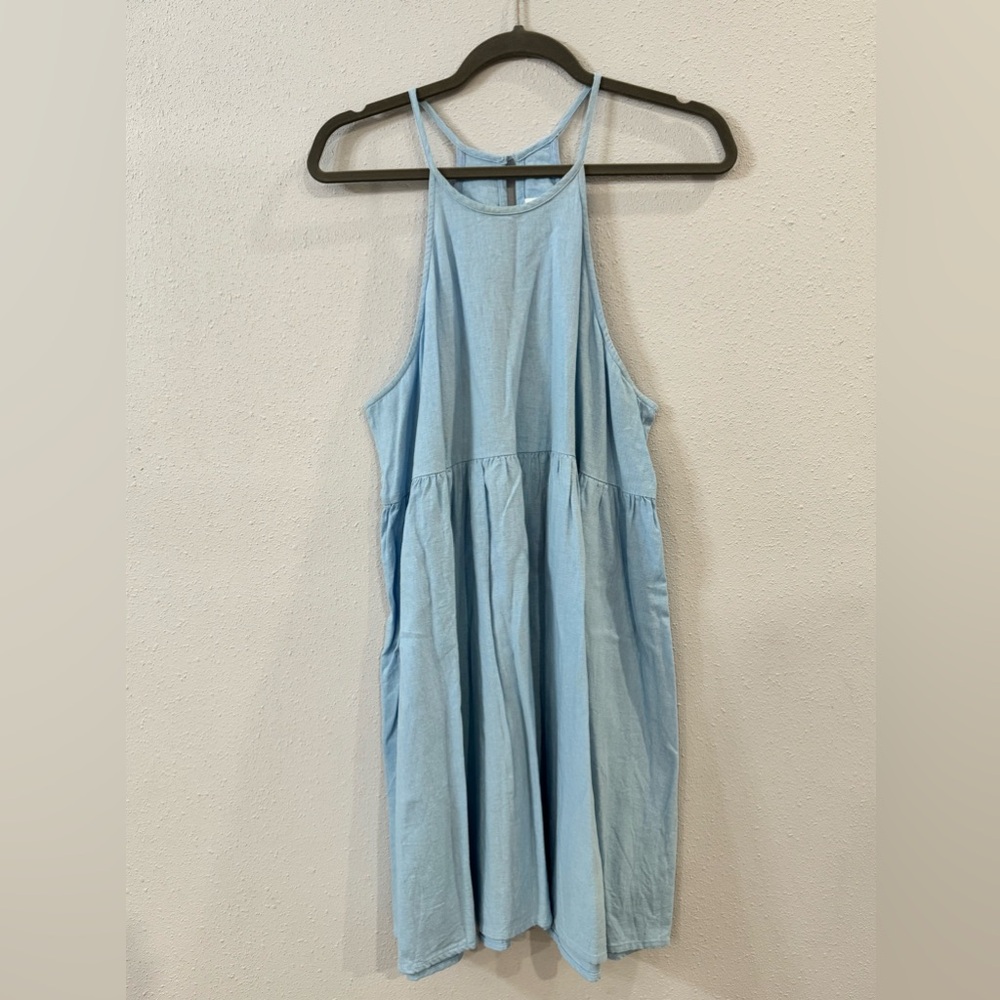 Ladies Abound Size L Light Blue Linen Dress. Above Knee with Babydoll Fit.
